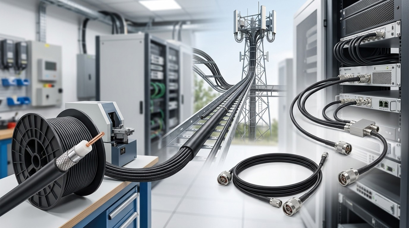 RF coaxial cable reel, heavy-duty feeder line, and flexible jumper cable with DIN and N-type connectors in a telecommunications equipment room.